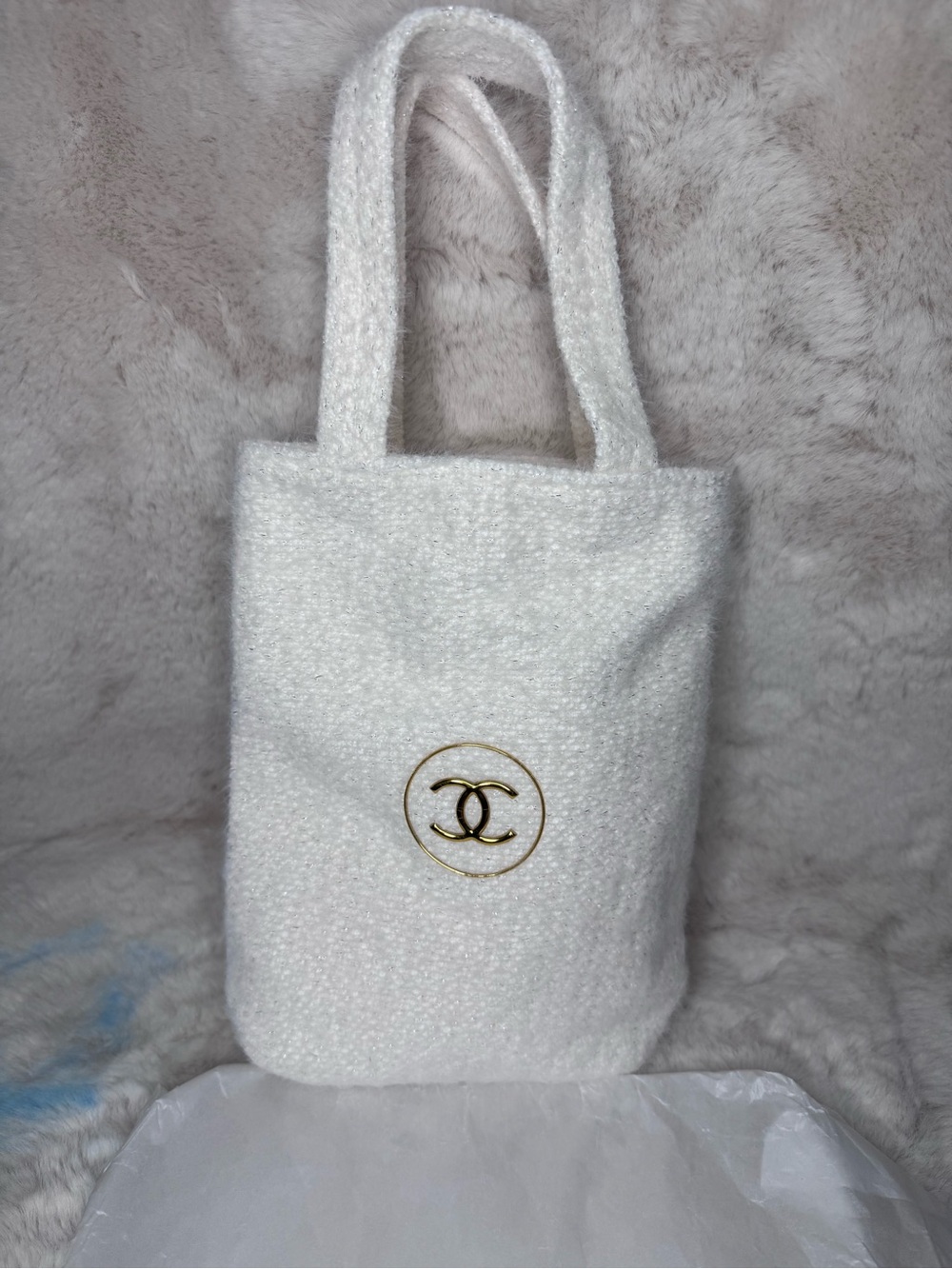 CHANEL Cream Textured Mini Tote with Gold CC Emblem